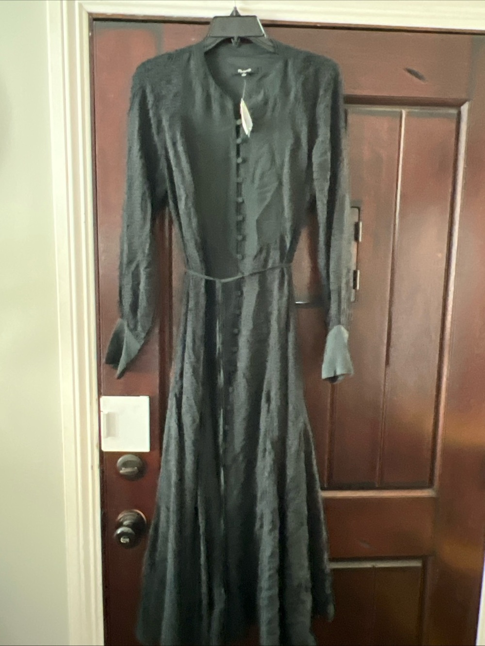 Madewell Black Long-Sleeve Button-Front clip dot Maxi Dress